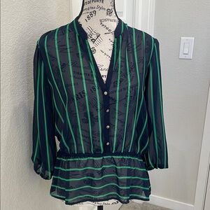 New York & Company Green and Black Striped Blouse